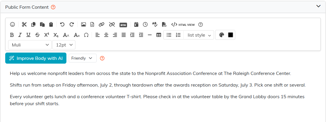 The Public Form Content editor holding three short paragraphs about the conference volunteer shifts