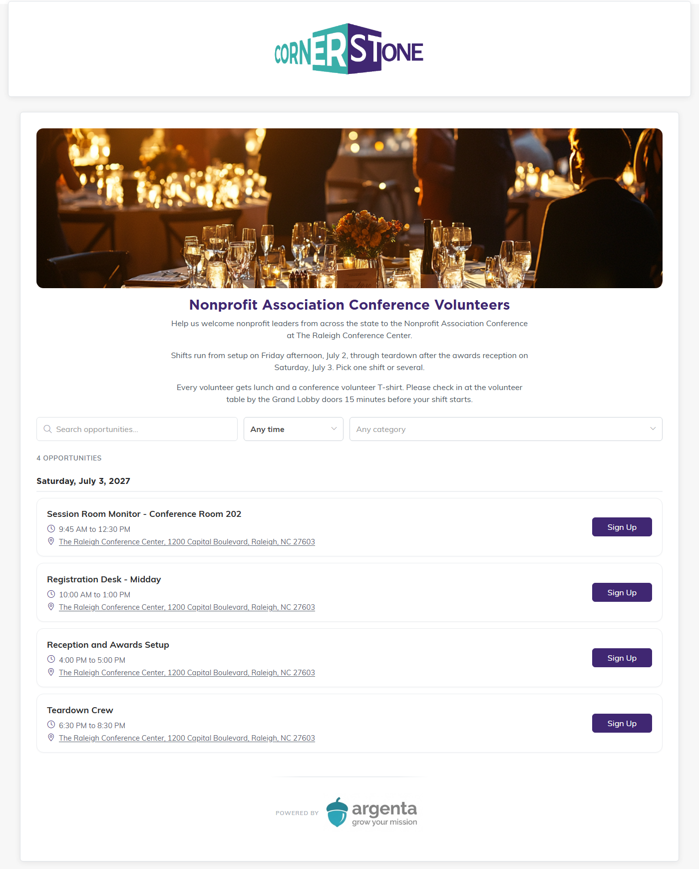 The public sign-up page for Nonprofit Association Conference Volunteers with the banner, introduction, search filters and four open shifts