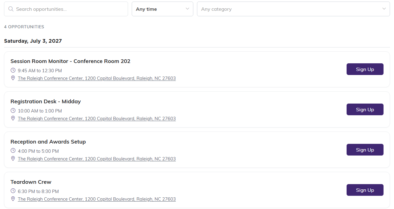 Four open conference shifts listed for Saturday, July 3, 2027, each with a time, the venue address and a Sign Up button