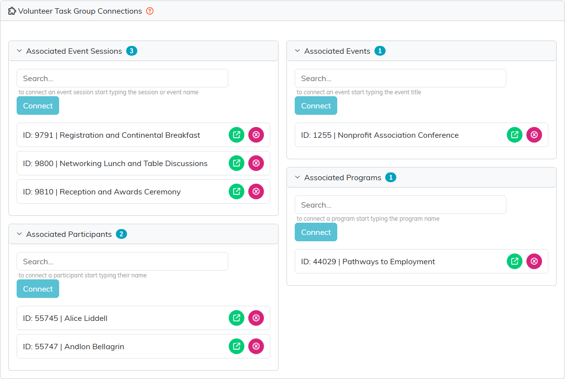 The Volunteer Task Group Connections page with three event sessions, the Nonprofit Association Conference event, the Pathways to Employment program and two participants connected