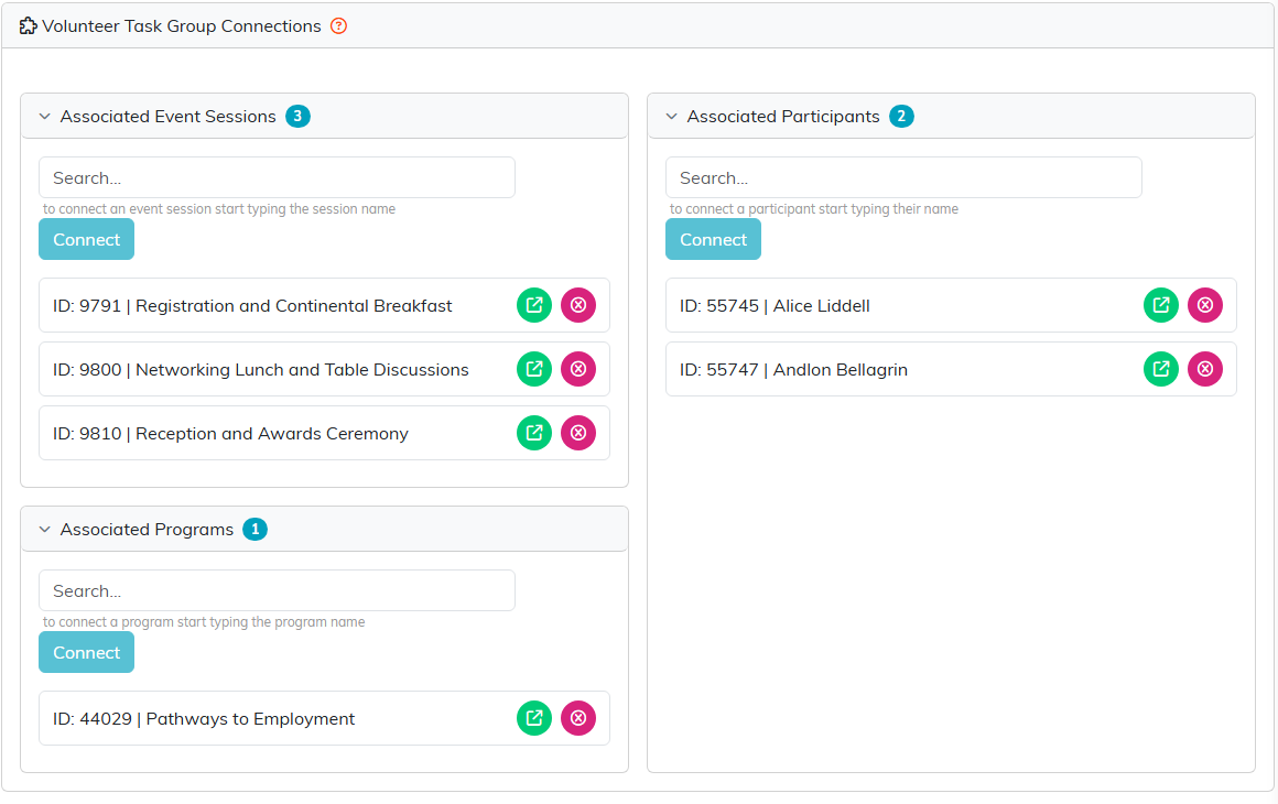 The Volunteer Task Group Connections page with three event sessions, the Pathways to Employment program and two participants connected
