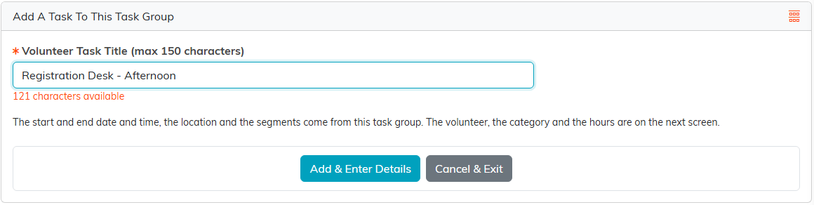 The Add A Task To This Task Group form with Registration Desk - Afternoon typed in the Volunteer Task Title field