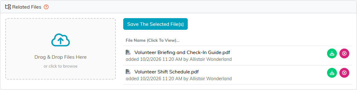 The Related Files panel on the conference volunteer group, with the upload box and two PDFs: Volunteer Briefing and Check-In Guide and Volunteer Shift Schedule, each with the date and time it was added and who added it