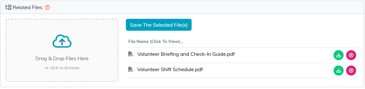 The Related Files panel on the conference volunteer group, with the upload box and two PDFs: Volunteer Briefing and Check-In Guide and Volunteer Shift Schedule