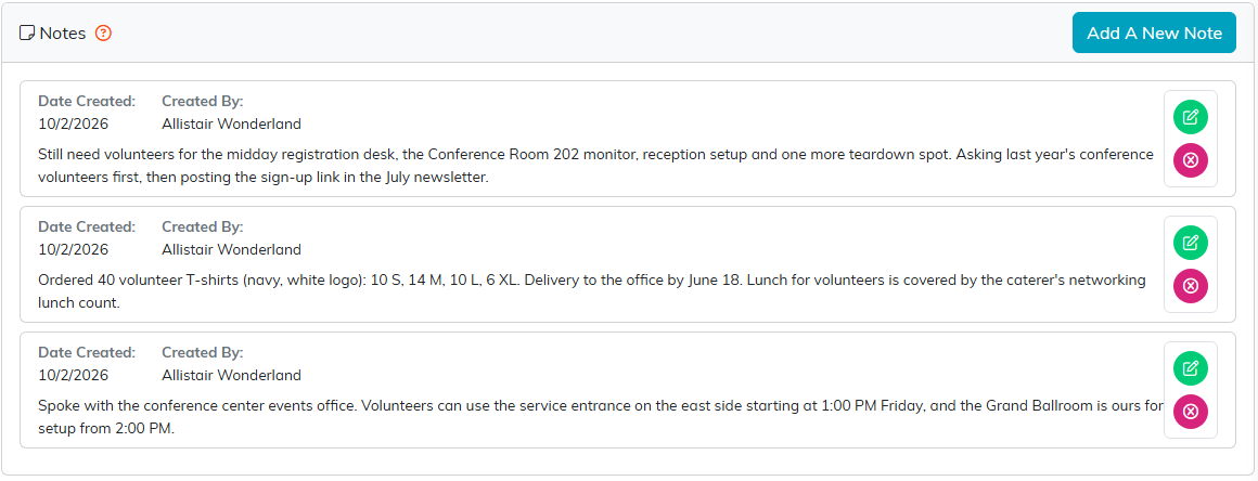 Three notes on the conference volunteer group about open shifts, the T-shirt order and the venue's service entrance