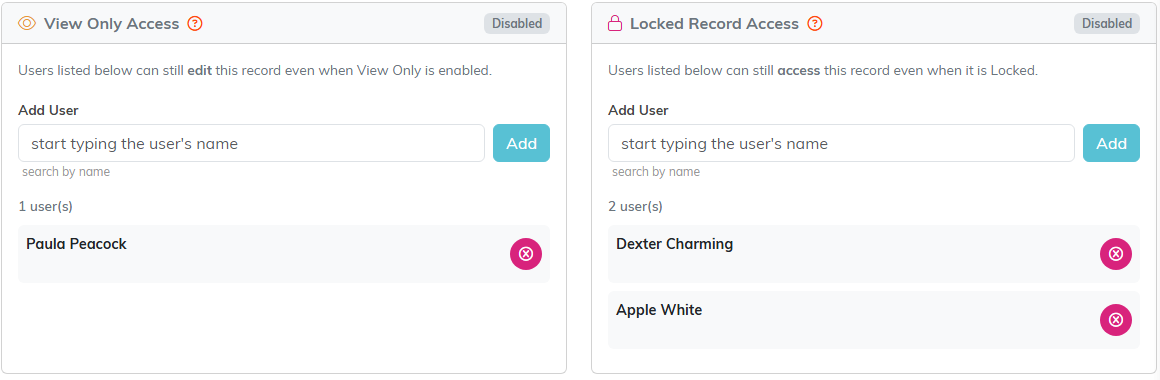 The Record Permissions page with Paula Peacock under View Only Access and Dexter Charming and Apple White under Locked Record Access