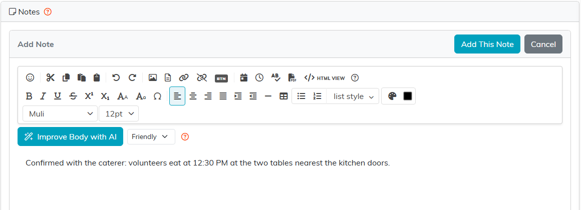 The Add Note editor holding a note about when and where volunteers eat lunch, with Add This Note and Cancel buttons