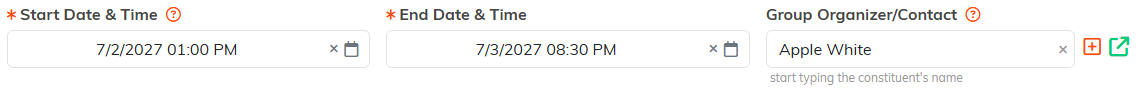 The Start Date and Time, End Date and Time, and Group Organizer fields