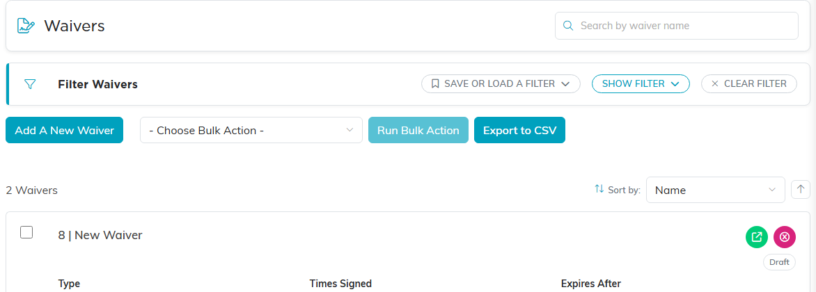 The Waivers list page with an Add A New Waiver button, a filter bar and Export to CSV