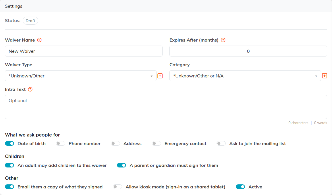 The waiver Settings tab showing Waiver Name, Expires After months, Waiver Type, Category, Intro Text and switches for what to ask people for