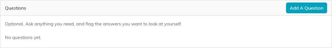 The Questions tab with an Add A Question button and a note saying no questions yet