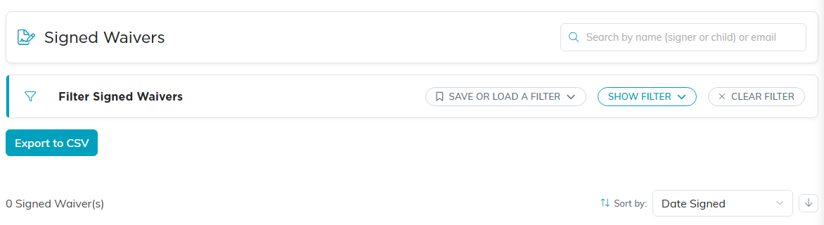 The Signed Waivers page with a search box, a filter bar, Export to CSV and a count of signed waivers