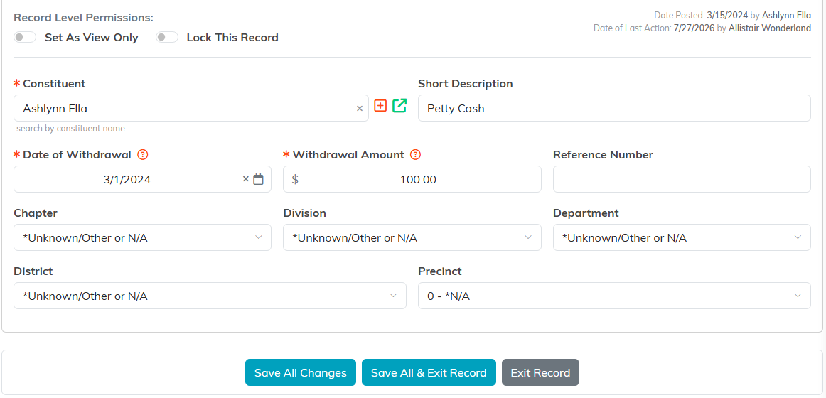 The lower part of Withdrawal Details with the permission switches, Constituent, Short Description, Date of Withdrawal, Withdrawal Amount, Reference Number, Chapter, Division, Department, District and Precinct, and the save buttons
