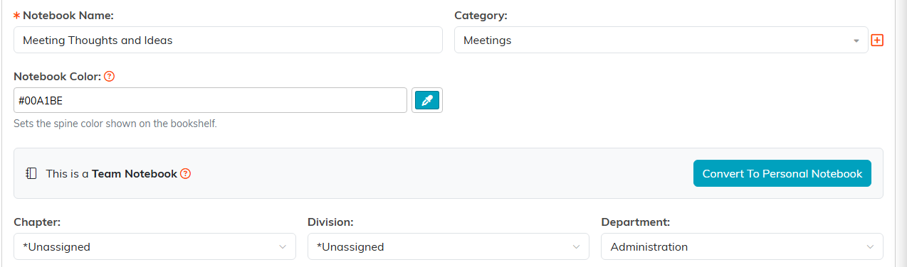 Notebook Details fields: Notebook Name, Category, Notebook Color, and Chapter, Division and Department