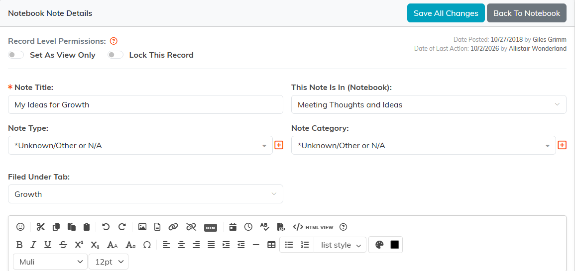 Notebook Note Details with Note Title, the notebook it belongs to, Note Type, Note Category, Filed Under Tab and the editor toolbar