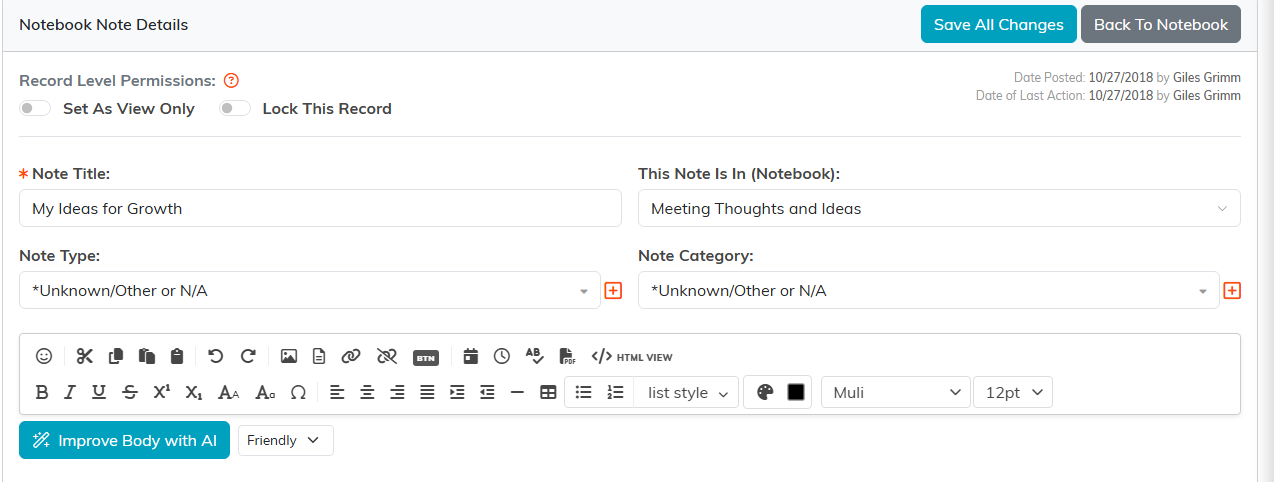 Notebook Note Details with Note Title, the notebook it belongs to, Note Type, Note Category and the editor toolbar