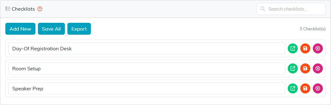 Checklists panel on a record with Add New, Save All and Export, and three named checklists