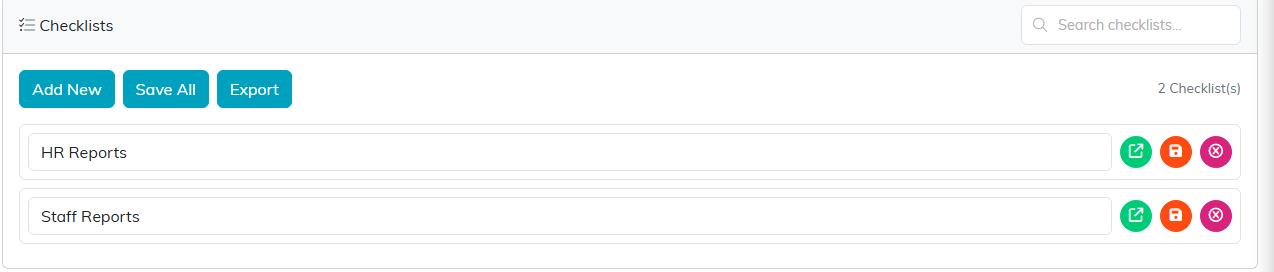 Checklists panel with Add New, Save All and Export, and two named checklists with row icons