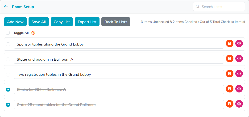 Inside a checklist with Add New, Save All, Copy List, Export List and Back To Lists, plus a running count of checked items