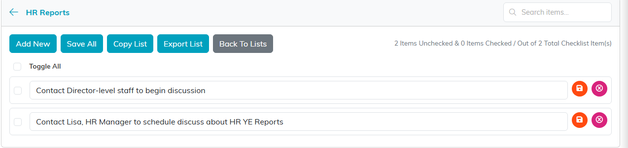 Inside a checklist with Add New, Save All, Copy List, Export List and Back To Lists, plus Toggle All and two items