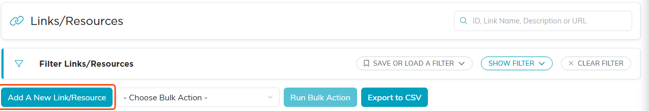 Top of the Links/Resources list with the Add A New Link/Resource button outlined