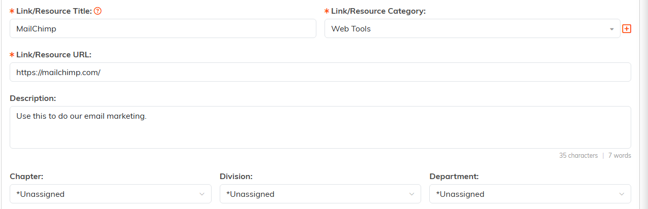 Link/Resource Details with Title, Category, URL, Description and the organizational fields