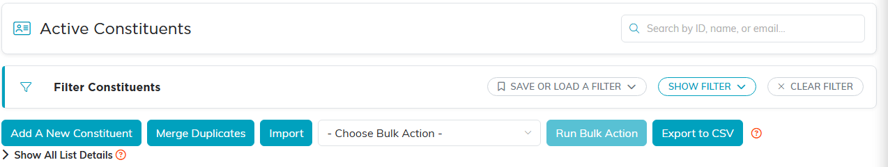 Top of the Active Constituents list with the filter bar, bulk action dropdown and Run Bulk Action button