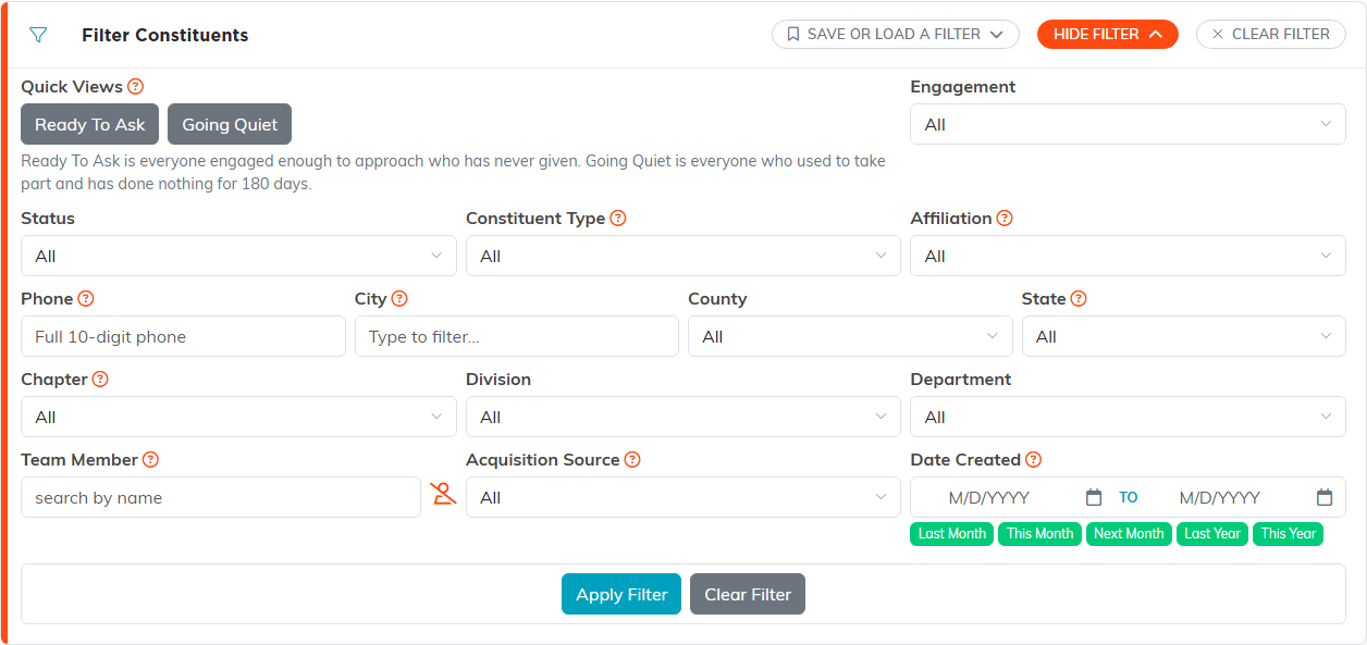 Filter Constituents panel with status, type, affiliation, location and date fields