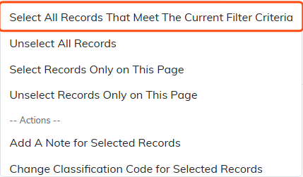 Bulk action menu with Select All Records That Meet The Current Filter Criteria outlined