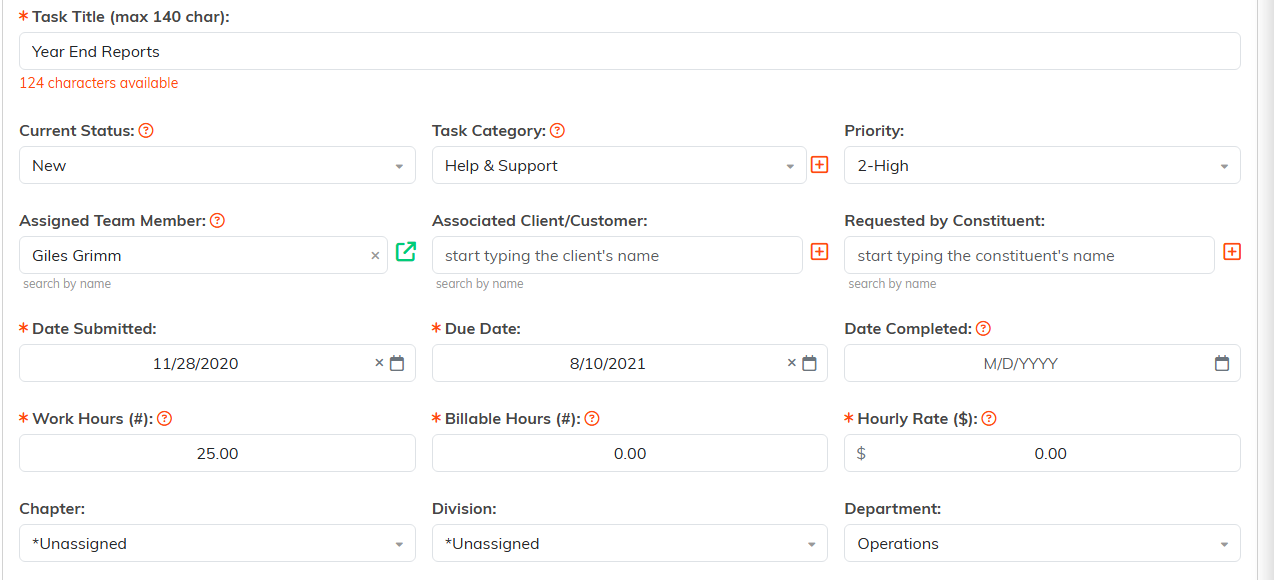 Task Details fields including Task Title, status, category, priority, assigned team member, dates, work hours, billable hours and hourly rate