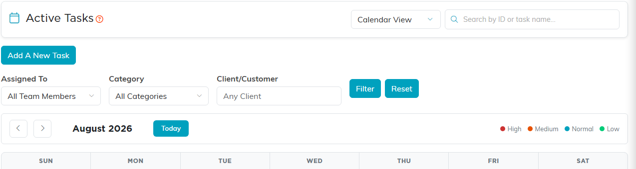 Task calendar view with the view switcher, filters, month navigation and a priority legend