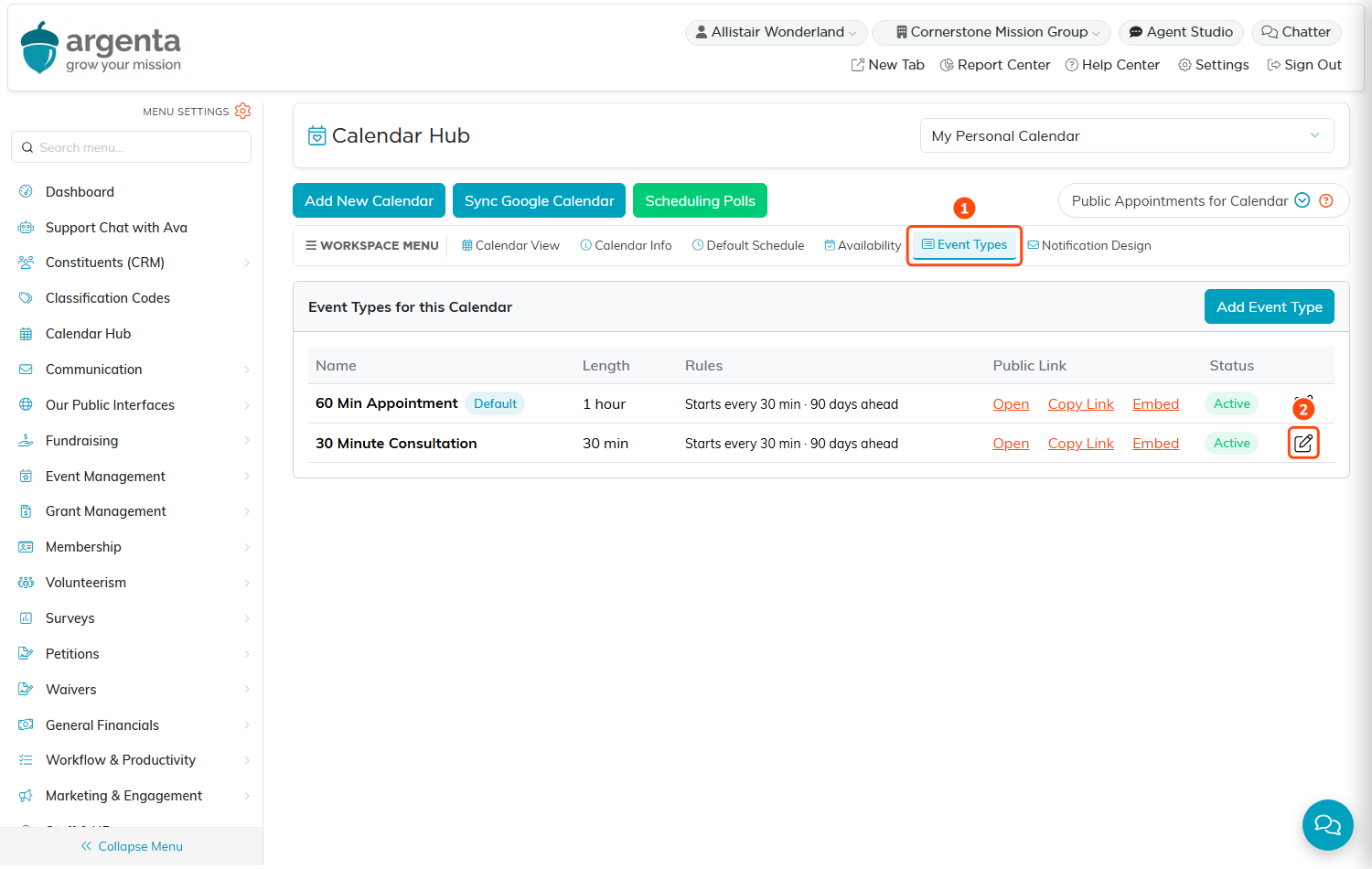 The Calendar Hub Event Types page with the Event Types item in the workspace menu outlined as 1 and the pencil icon of the 30 Minute Consultation event type outlined as 2