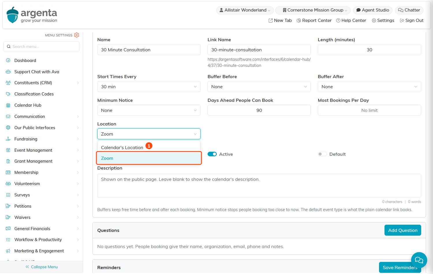 The Edit 30 Minute Consultation card with the Location list open, offering Calendar's Location and Zoom, with Zoom outlined as 1