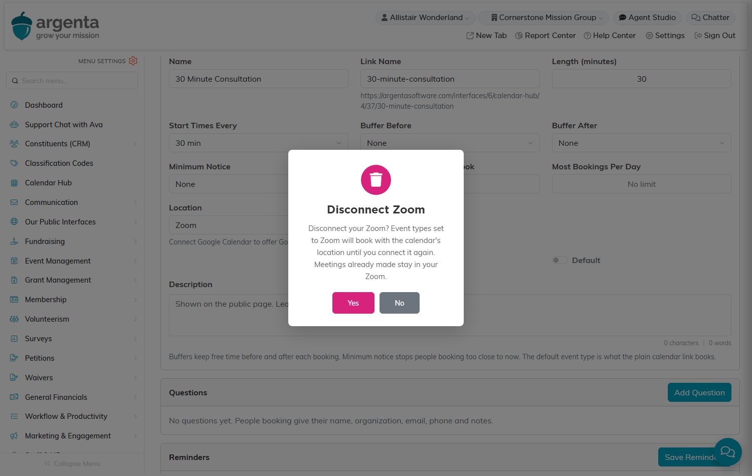 The Disconnect Zoom confirmation, explaining that event types set to Zoom will book with the calendar's location until Zoom is connected again and that meetings already made stay in Zoom, with Yes and No buttons