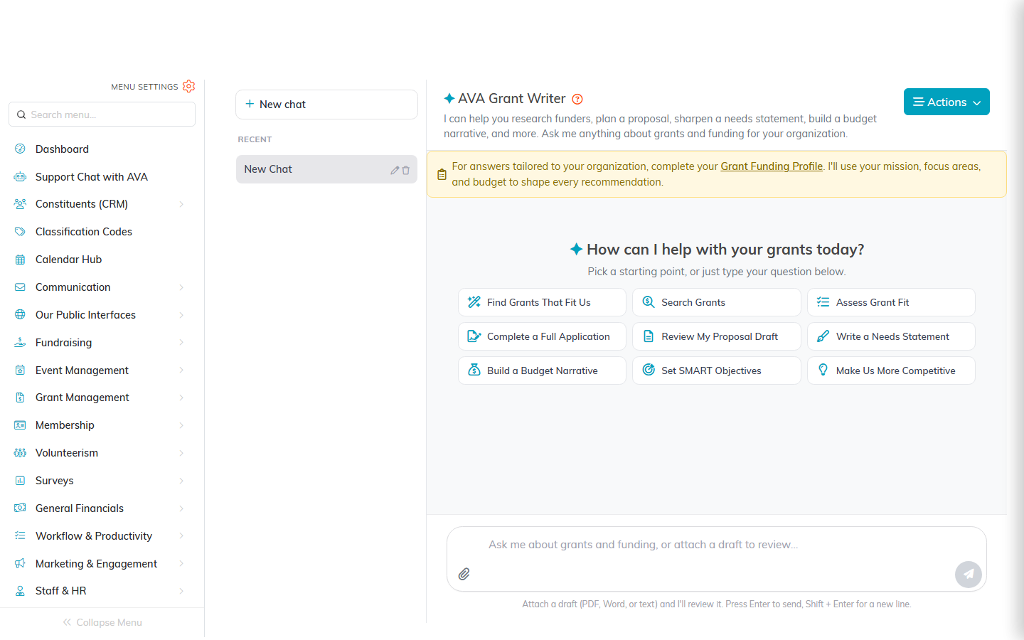 The Argenta AI Grant Writer open inside the Argenta CRM, with starting points for finding grants, completing a full application, and writing a needs statement.